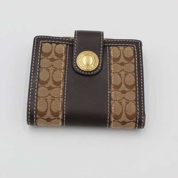 Y2K Coach Signature Wallet Brown Leather Canvas Gold Logo Bifold Compact - Picture 1 of 8